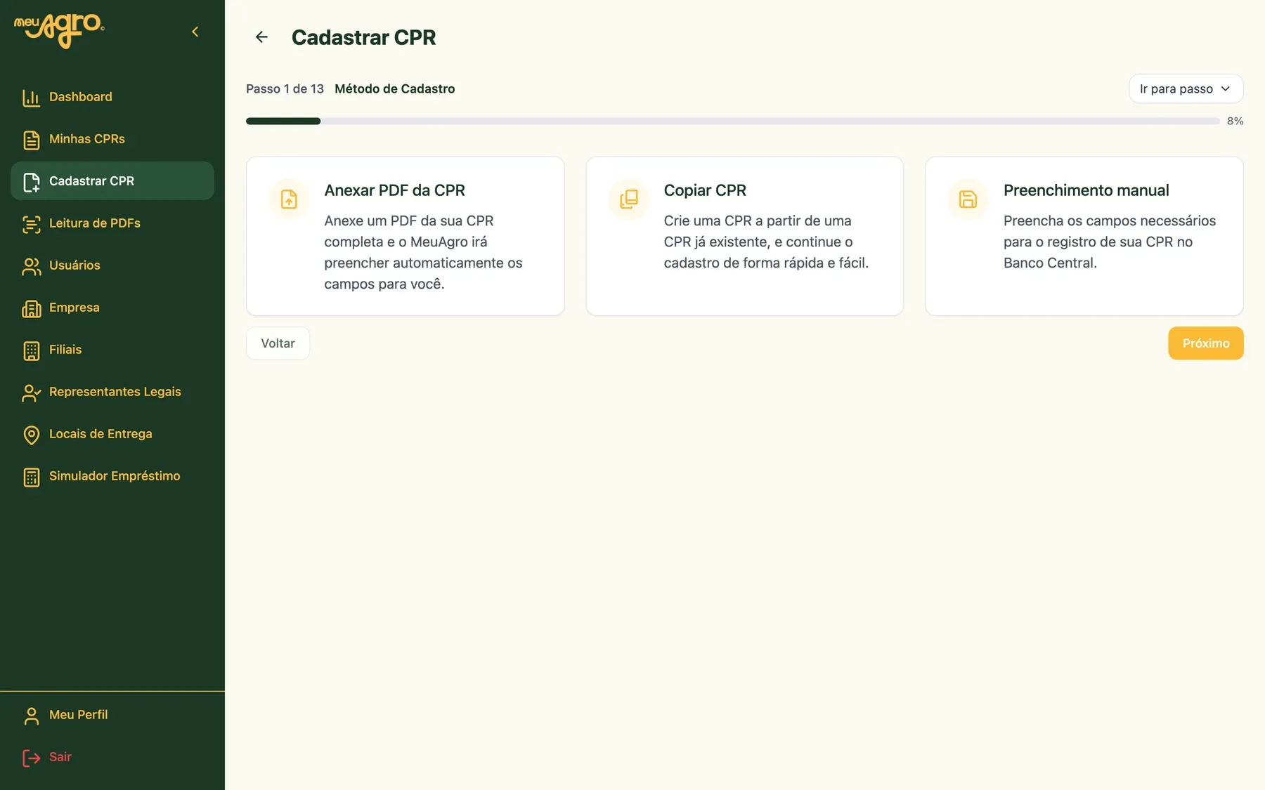 Tela de cadastro de CPR da plataforma Minha CPR360°, com a opção de anexar o PDF para preenchimento automático