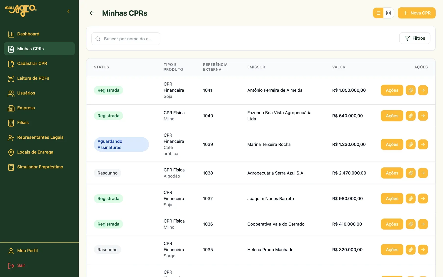 Listagem de CPRs da Minha CPR360°, com status de registro, tipo, produto, emissor e valor