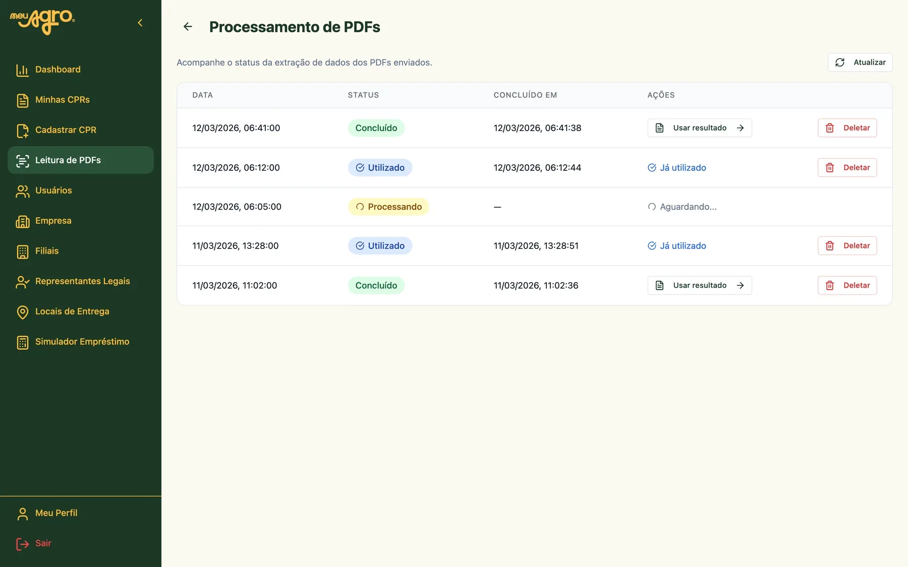 Fila de leitura de PDFs da Minha CPR360°, com o status da extração de dados de cada documento