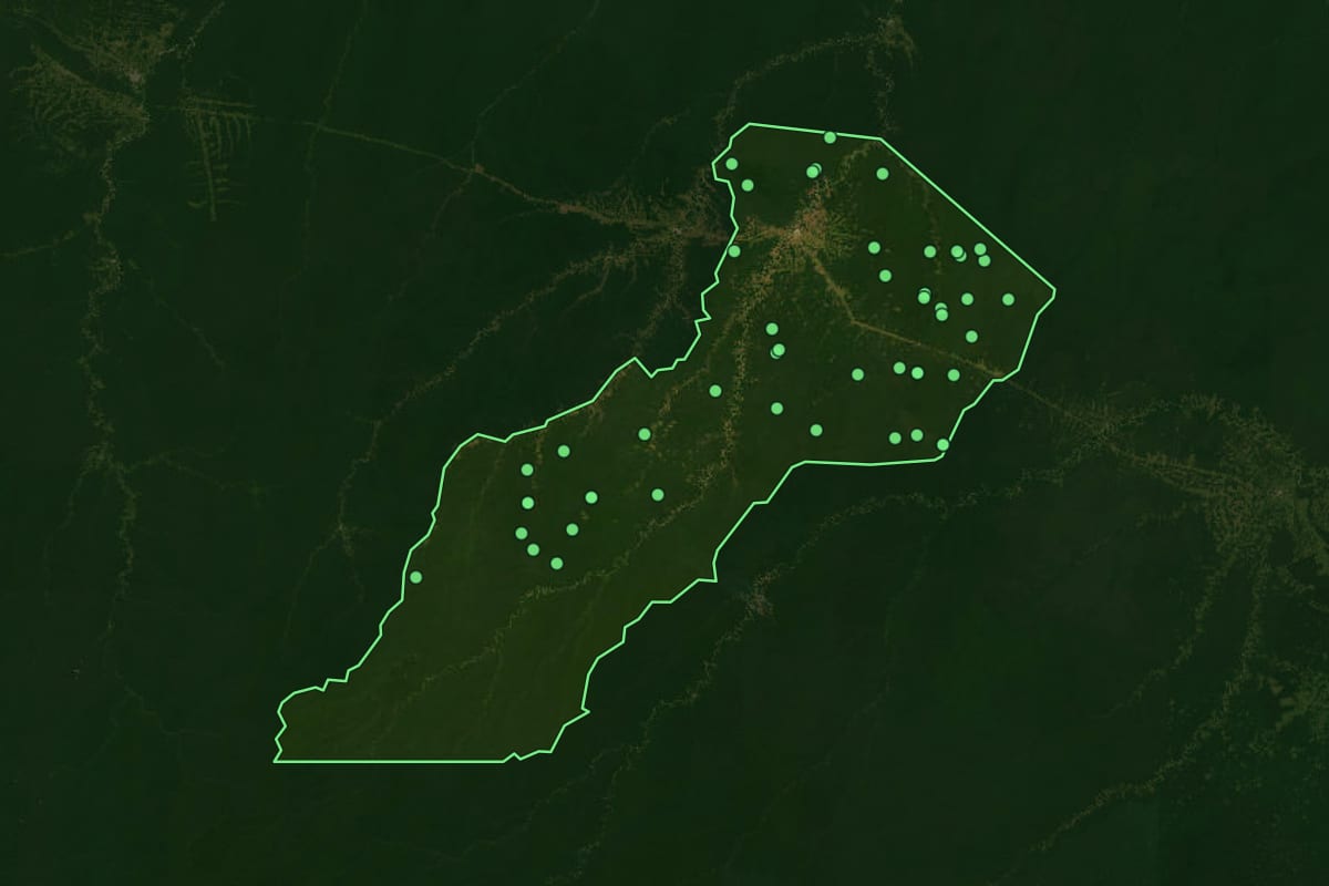 Imagem de satélite de Feijó (AC), com o contorno do município e a posição dos imóveis desta página.