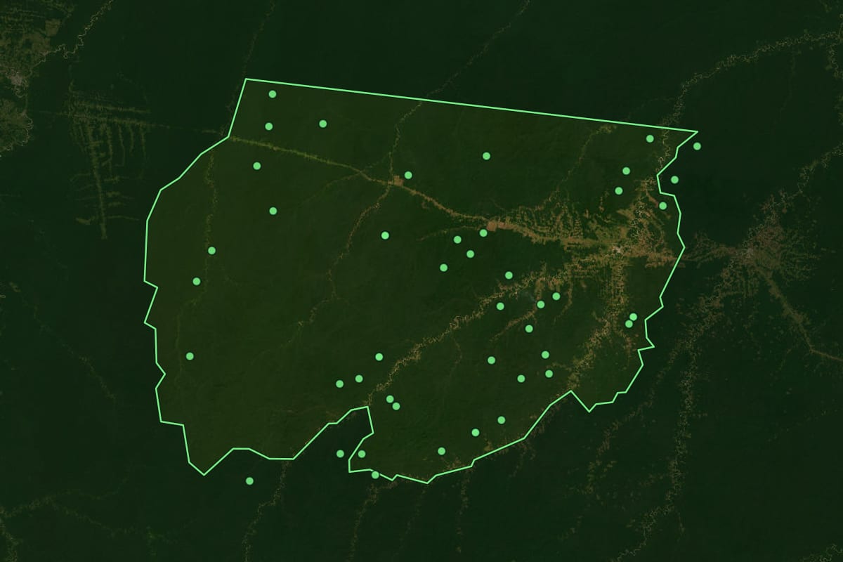 Imagem de satélite de Tarauacá (AC), com o contorno do município e a posição dos imóveis desta página.