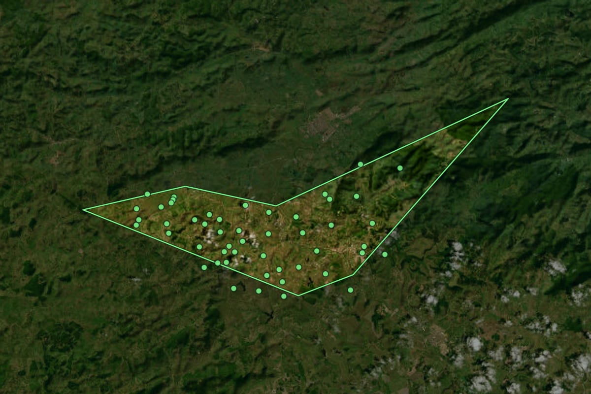 Imagem de satélite de Branquinha (AL), com o contorno do município e a posição dos imóveis desta página.