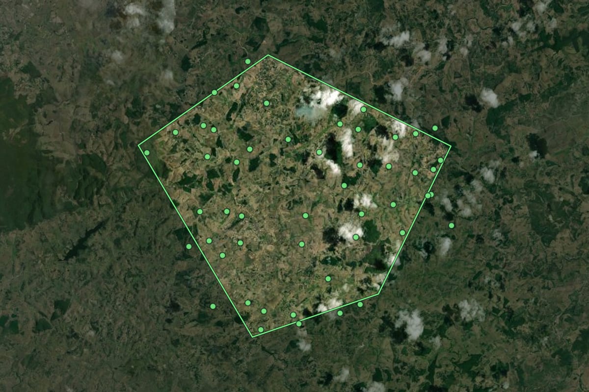 Imagem de satélite de Chã Preta (AL), com o contorno do município e a posição dos imóveis desta página.