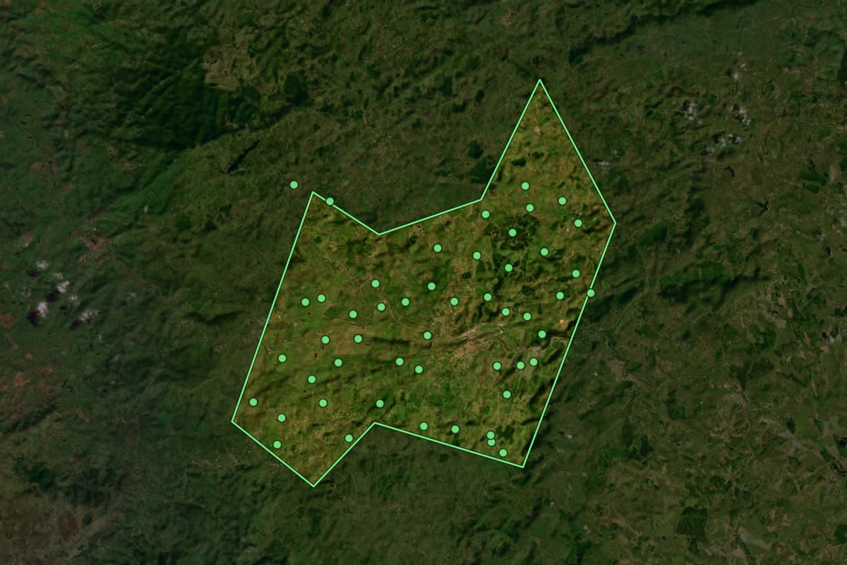 Imagem de satélite de Viçosa (AL), com o contorno do município e a posição dos imóveis desta página.