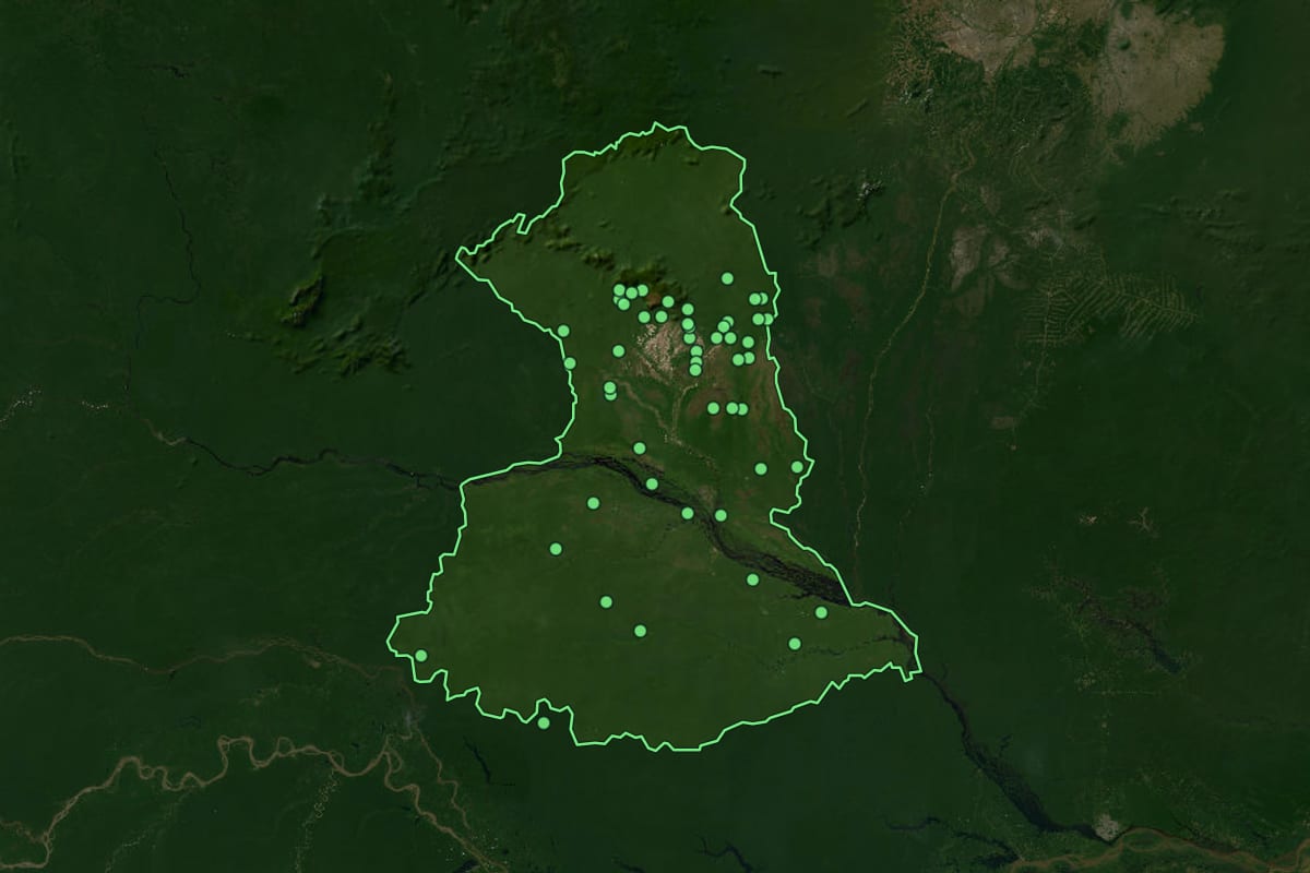 Imagem de satélite de Barcelos (AM), com o contorno do município e a posição dos imóveis desta página.
