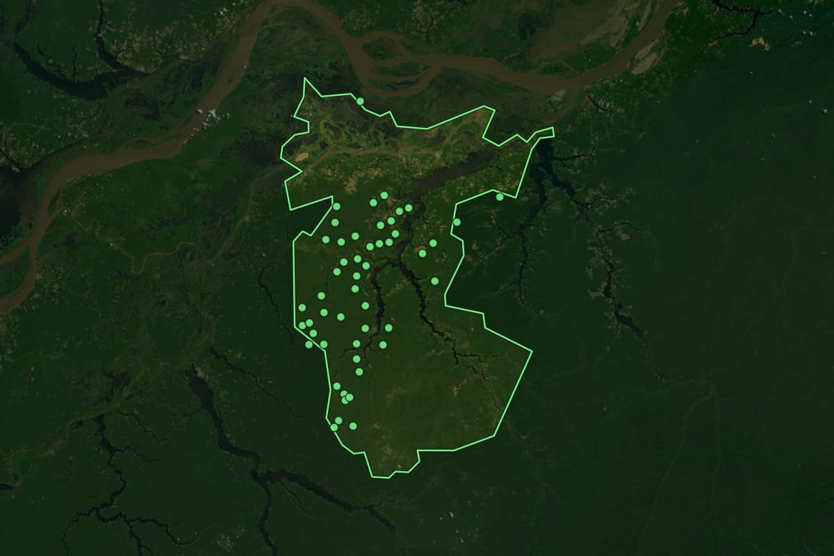 Imagem de satélite de Barreirinha (AM), com o contorno do município e a posição dos imóveis desta página.