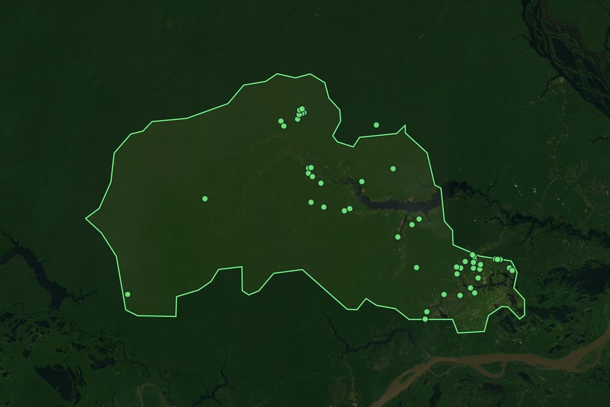 Imagem de satélite de Caapiranga (AM), com o contorno do município e a posição dos imóveis desta página.