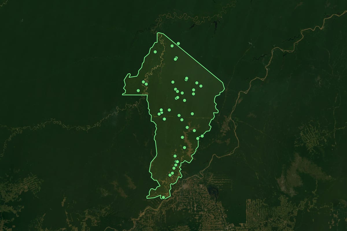 Imagem de satélite de Canutama (AM), com o contorno do município e a posição dos imóveis desta página.