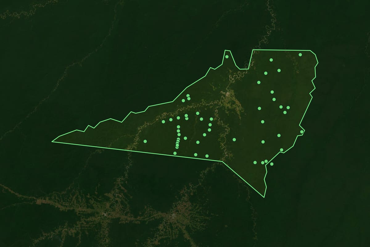Imagem de satélite de Envira (AM), com o contorno do município e a posição dos imóveis desta página.