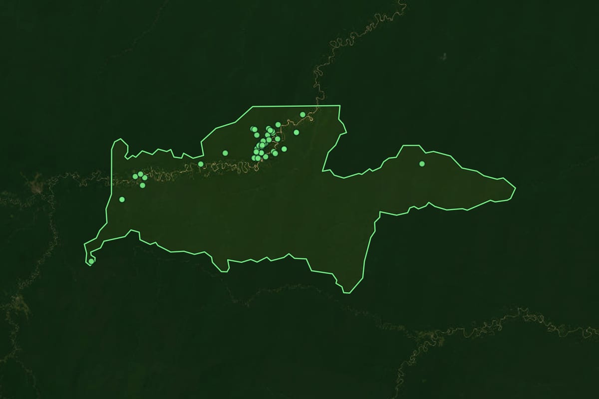 Imagem de satélite de Itamarati (AM), com o contorno do município e a posição dos imóveis desta página.