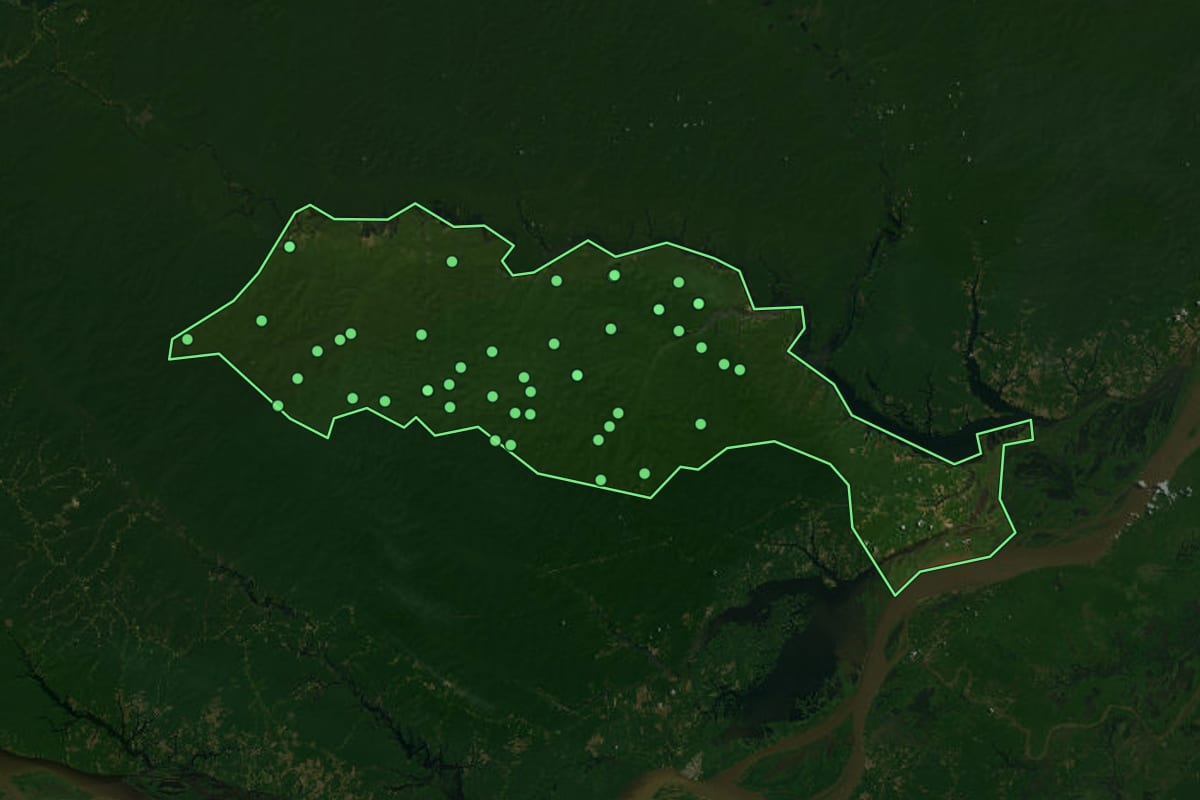 Imagem de satélite de Itapiranga (AM), com o contorno do município e a posição dos imóveis desta página.