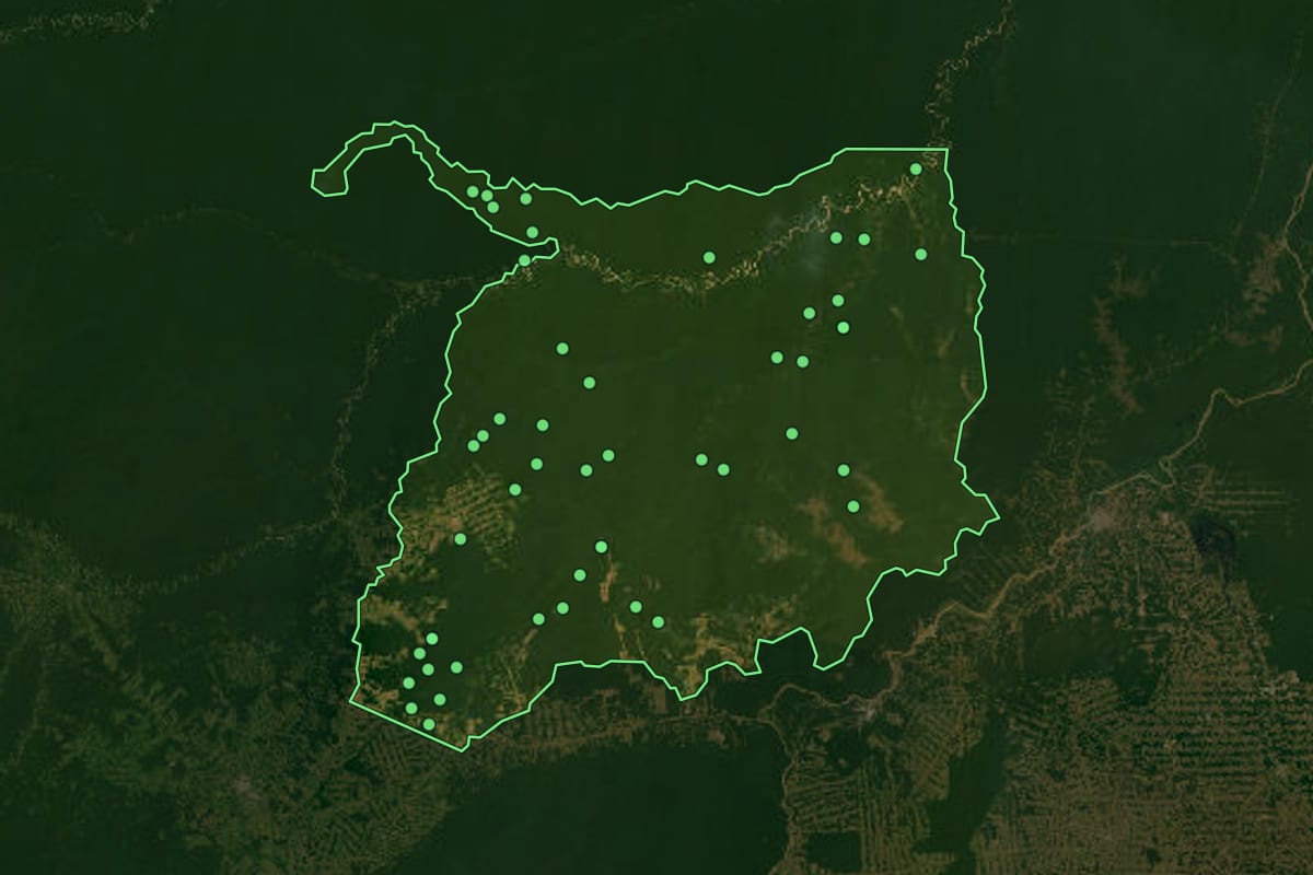 Imagem de satélite de Lábrea (AM), com o contorno do município e a posição dos imóveis desta página.