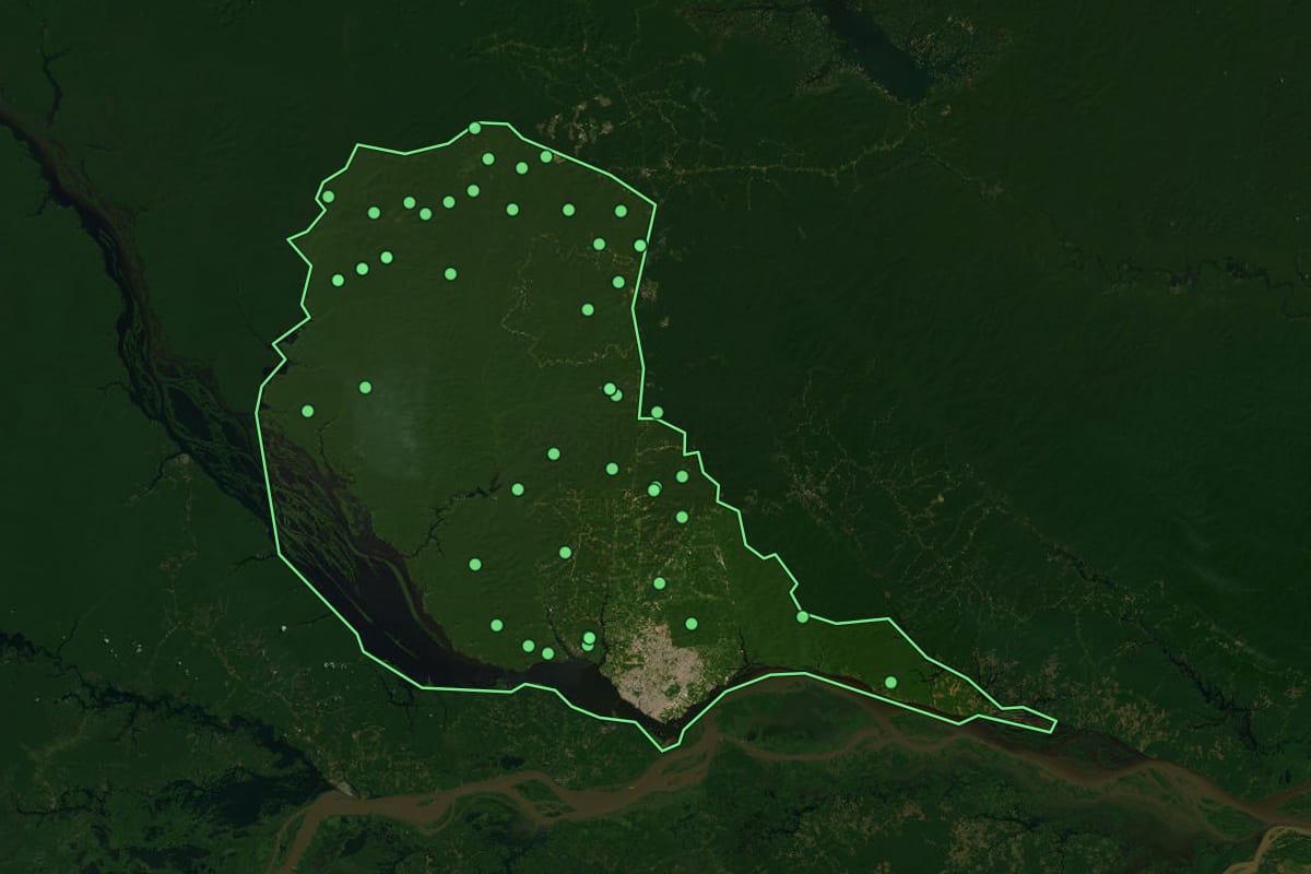 Imagem de satélite de Manaus (AM), com o contorno do município e a posição dos imóveis desta página.