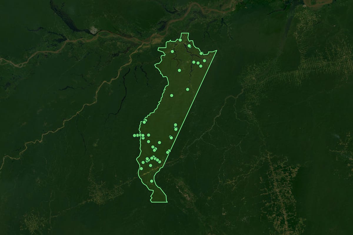 Imagem de satélite de Maués (AM), com o contorno do município e a posição dos imóveis desta página.