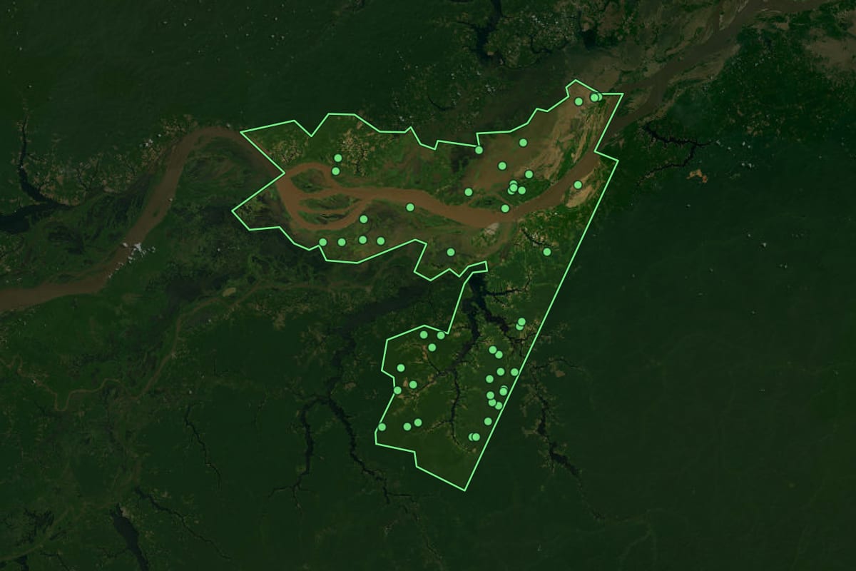 Imagem de satélite de Parintins (AM), com o contorno do município e a posição dos imóveis desta página.