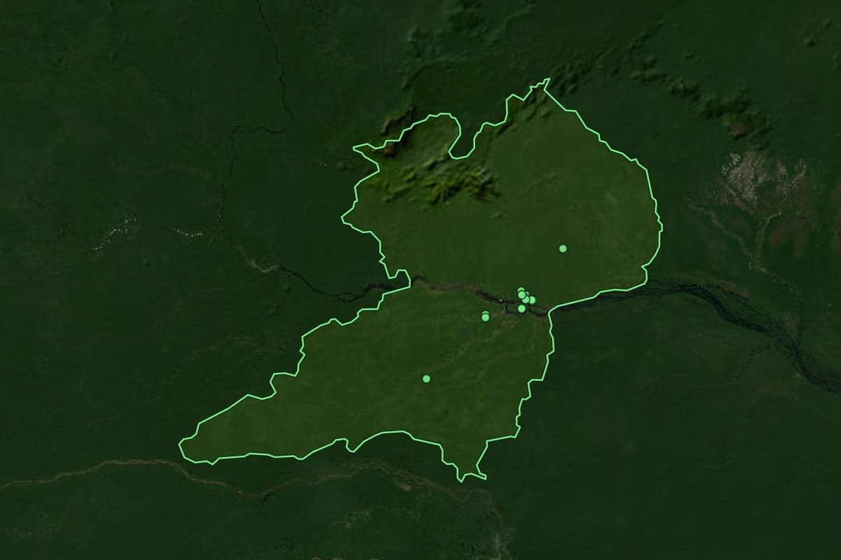 Imagem de satélite de Santa Isabel do Rio Negro (AM), com o contorno do município e a posição dos imóveis desta página.