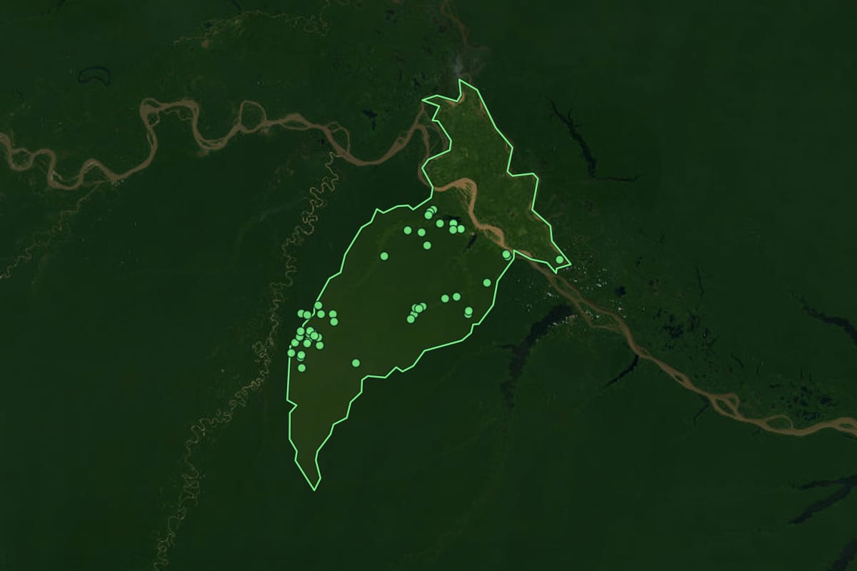 Imagem de satélite de Uarini (AM), com o contorno do município e a posição dos imóveis desta página.