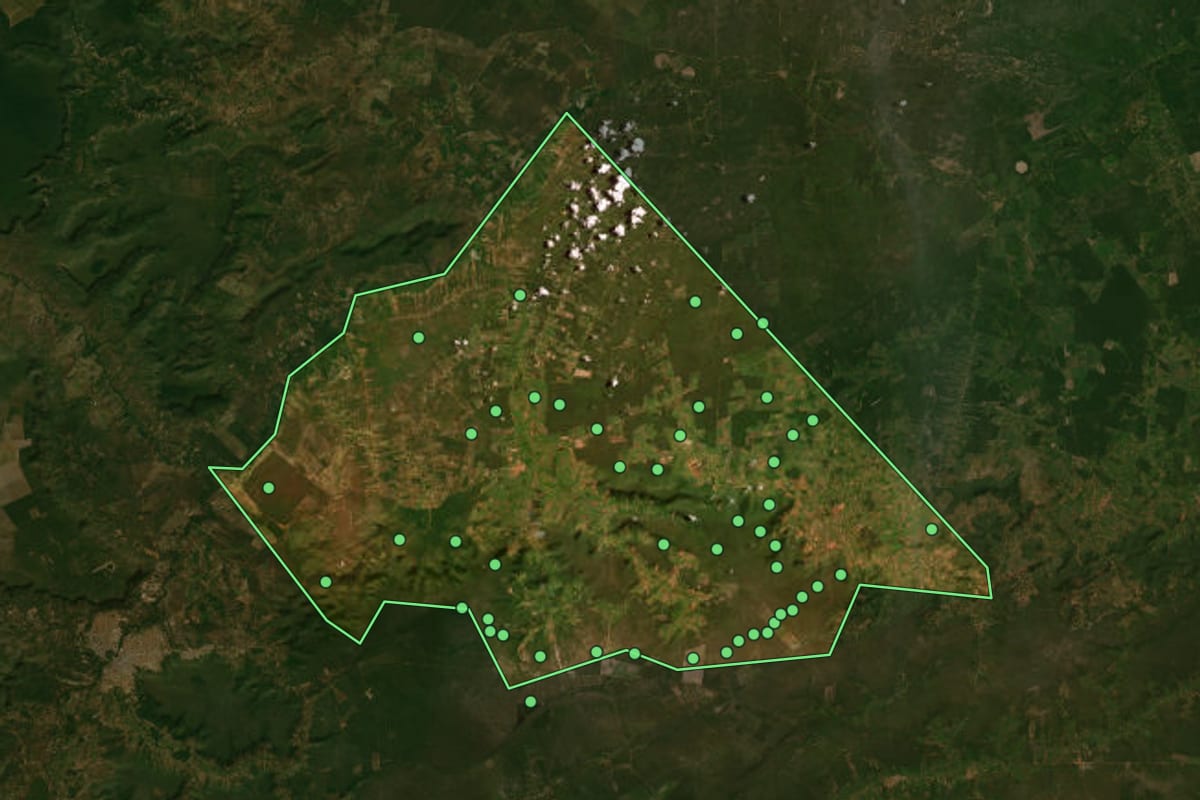 Imagem de satélite de Angical (BA), com o contorno do município e a posição dos imóveis desta página.