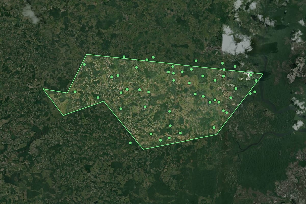 Imagem de satélite de Aratuípe (BA), com o contorno do município e a posição dos imóveis desta página.