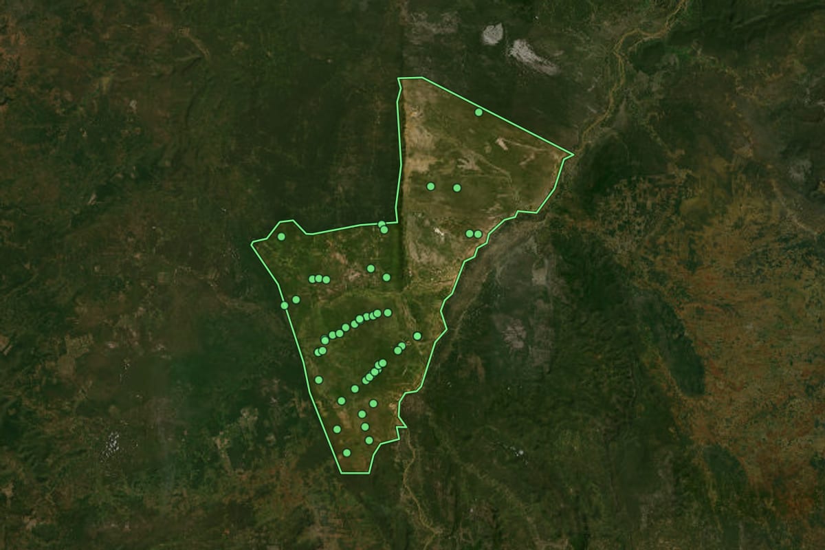 Imagem de satélite de Barra (BA), com o contorno do município e a posição dos imóveis desta página.