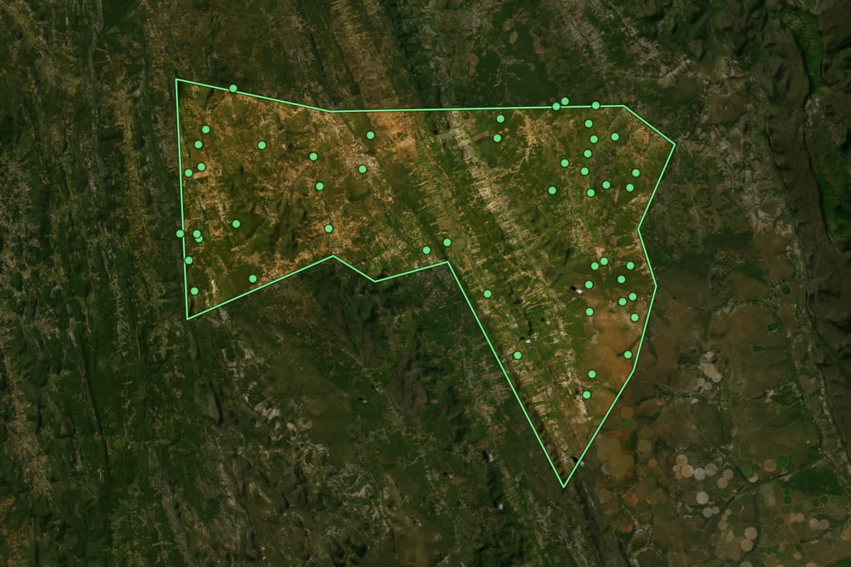 Imagem de satélite de Boninal (BA), com o contorno do município e a posição dos imóveis desta página.