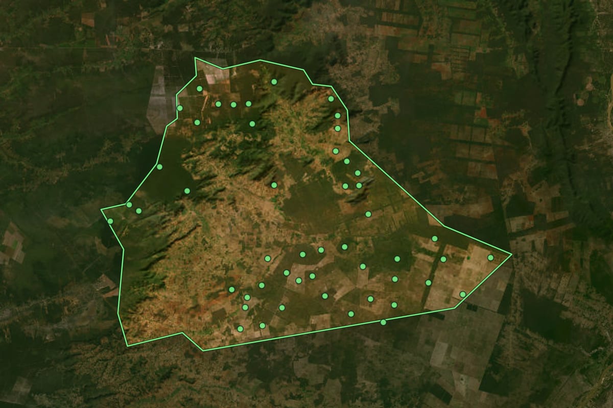 Imagem de satélite de Brejolândia (BA), com o contorno do município e a posição dos imóveis desta página.