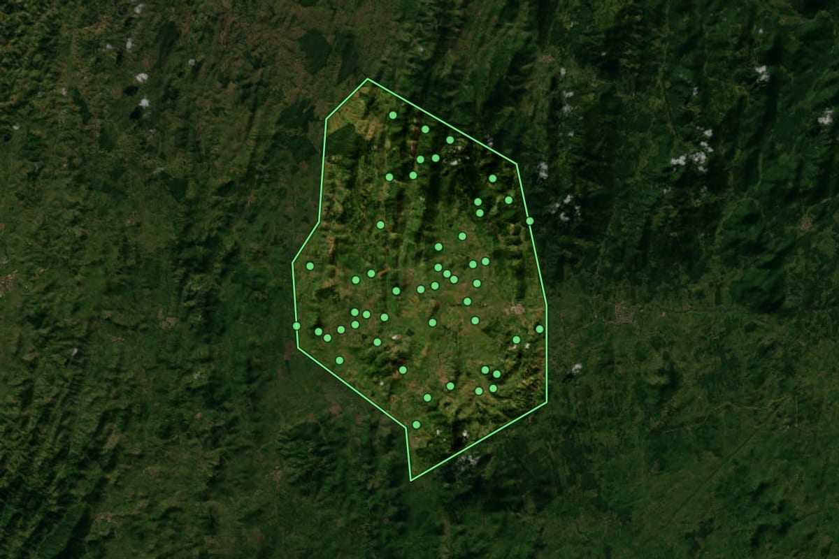 Imagem de satélite de Floresta Azul (BA), com o contorno do município e a posição dos imóveis desta página.