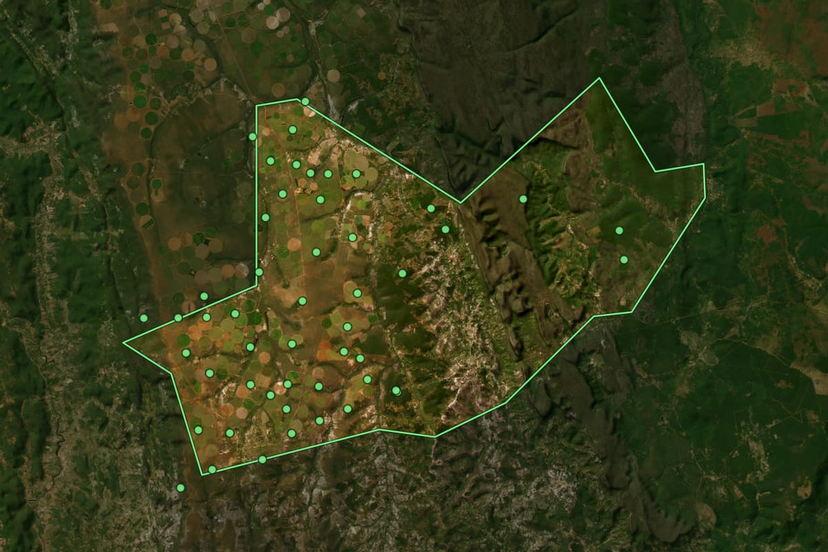 Imagem de satélite de Ibicoara (BA), com o contorno do município e a posição dos imóveis desta página.