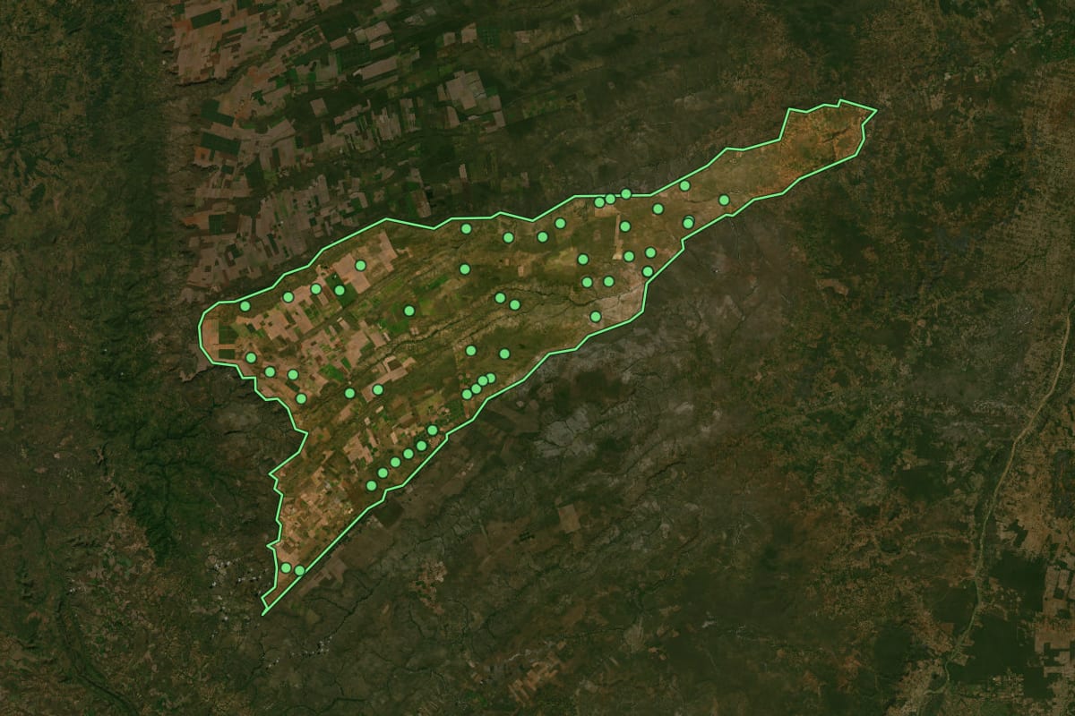 Imagem de satélite de Jaborandi (BA), com o contorno do município e a posição dos imóveis desta página.