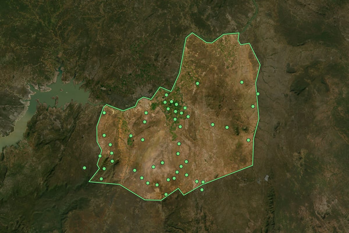 Imagem de satélite de Juazeiro (BA), com o contorno do município e a posição dos imóveis desta página.