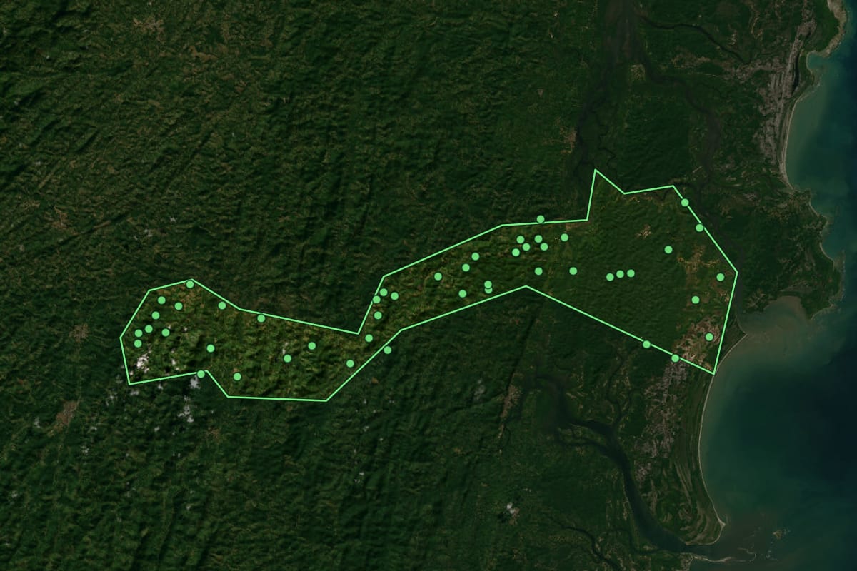 Imagem de satélite de Nilo Peçanha (BA), com o contorno do município e a posição dos imóveis desta página.