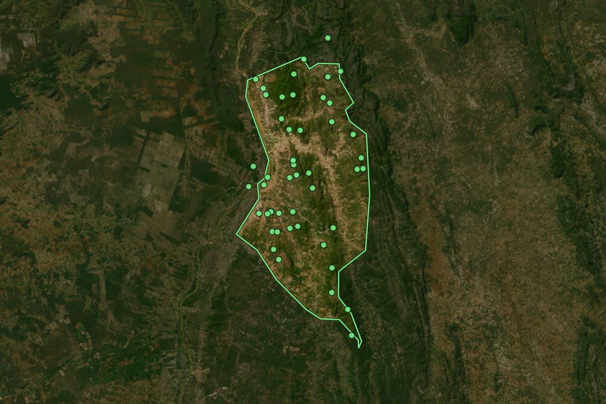 Imagem de satélite de Paratinga (BA), com o contorno do município e a posição dos imóveis desta página.