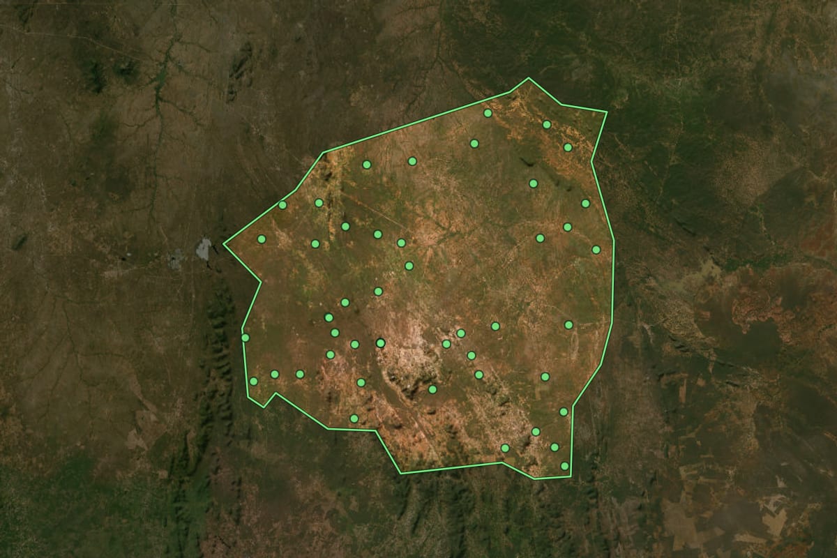 Imagem de satélite de Uauá (BA), com o contorno do município e a posição dos imóveis desta página.