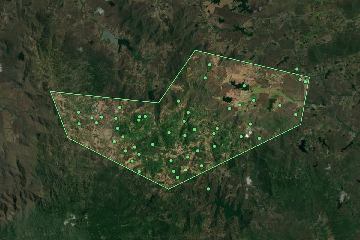 Imagem de satélite de Palmácia (CE), com o contorno do município e a posição dos imóveis desta página.