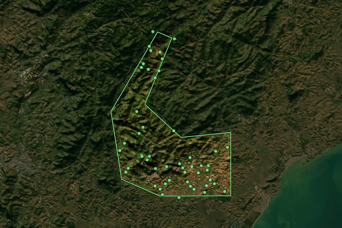 Imagem de satélite de Rio Novo do Sul (ES), com o contorno do município e a posição dos imóveis desta página.