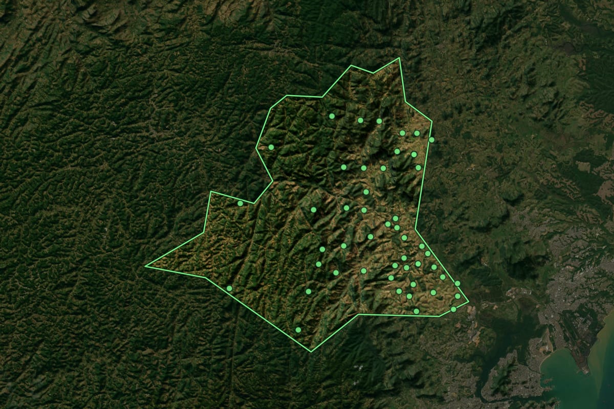 Imagem de satélite de Santa Leopoldina (ES), com o contorno do município e a posição dos imóveis desta página.