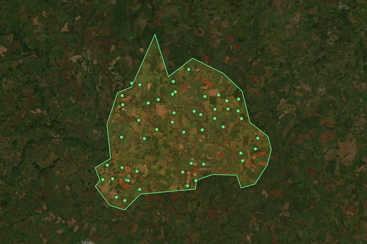 Imagem de satélite de Acreúna (GO), com o contorno do município e a posição dos imóveis desta página.
