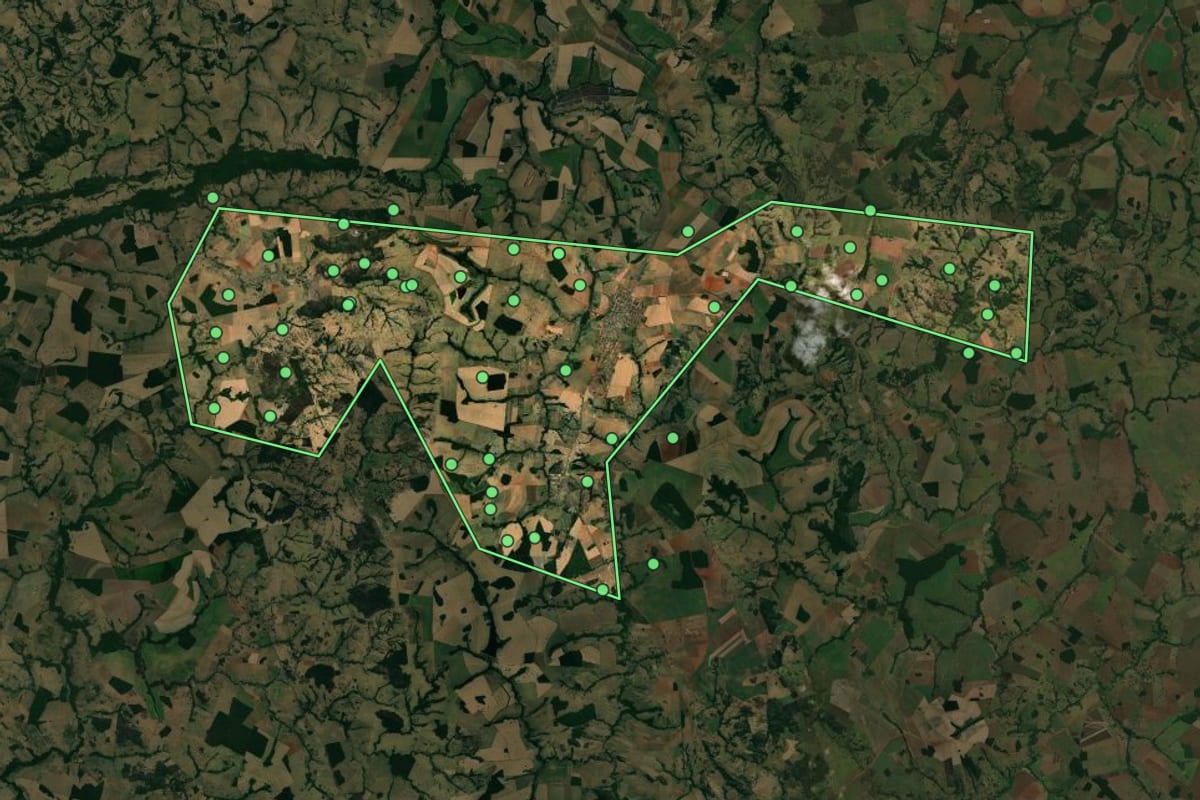 Imagem de satélite de Americano do Brasil (GO), com o contorno do município e a posição dos imóveis desta página.