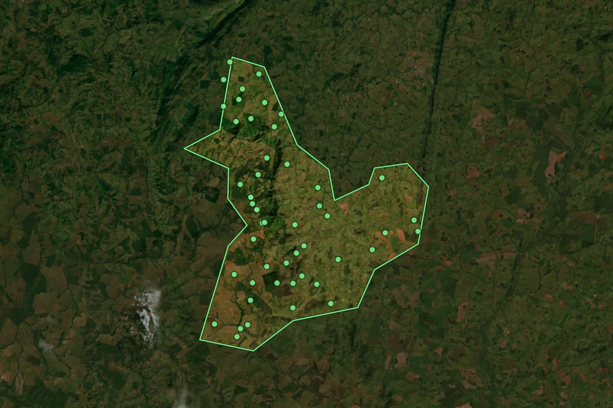Imagem de satélite de Aurilândia (GO), com o contorno do município e a posição dos imóveis desta página.