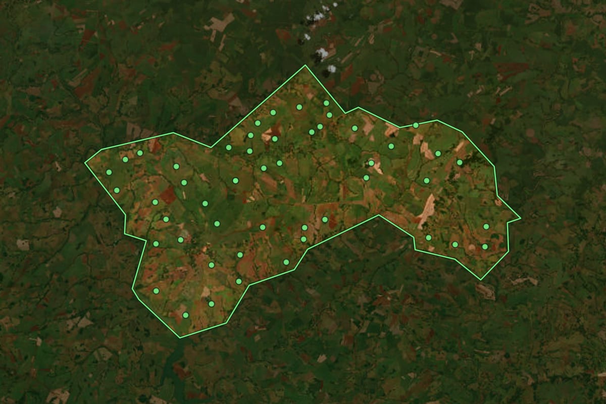 Imagem de satélite de Bom Jesus de Goiás (GO), com o contorno do município e a posição dos imóveis desta página.