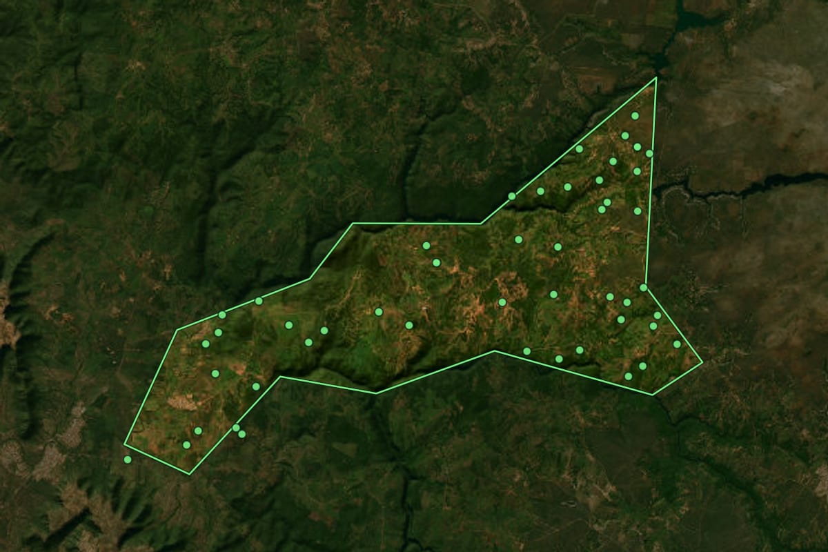 Imagem de satélite de Buritinópolis (GO), com o contorno do município e a posição dos imóveis desta página.