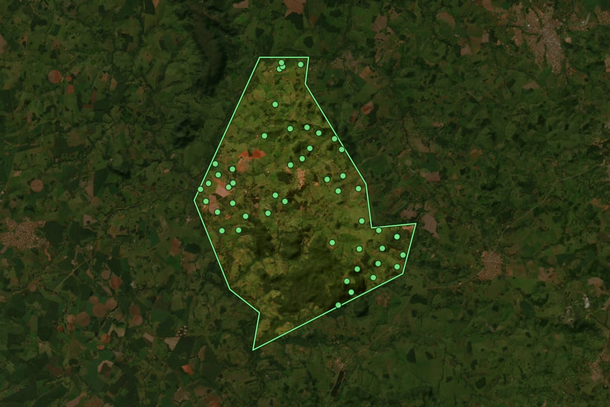 Imagem de satélite de Campestre de Goiás (GO), com o contorno do município e a posição dos imóveis desta página.
