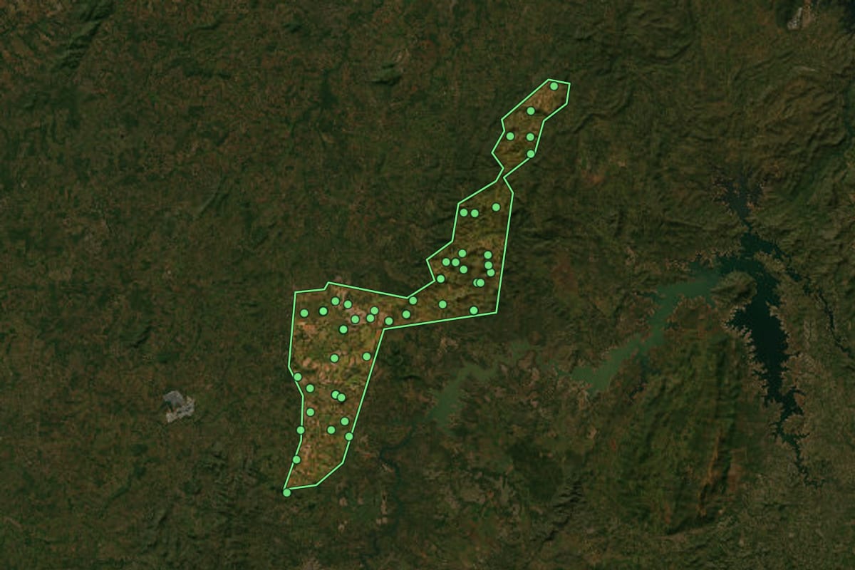 Imagem de satélite de Campinorte (GO), com o contorno do município e a posição dos imóveis desta página.