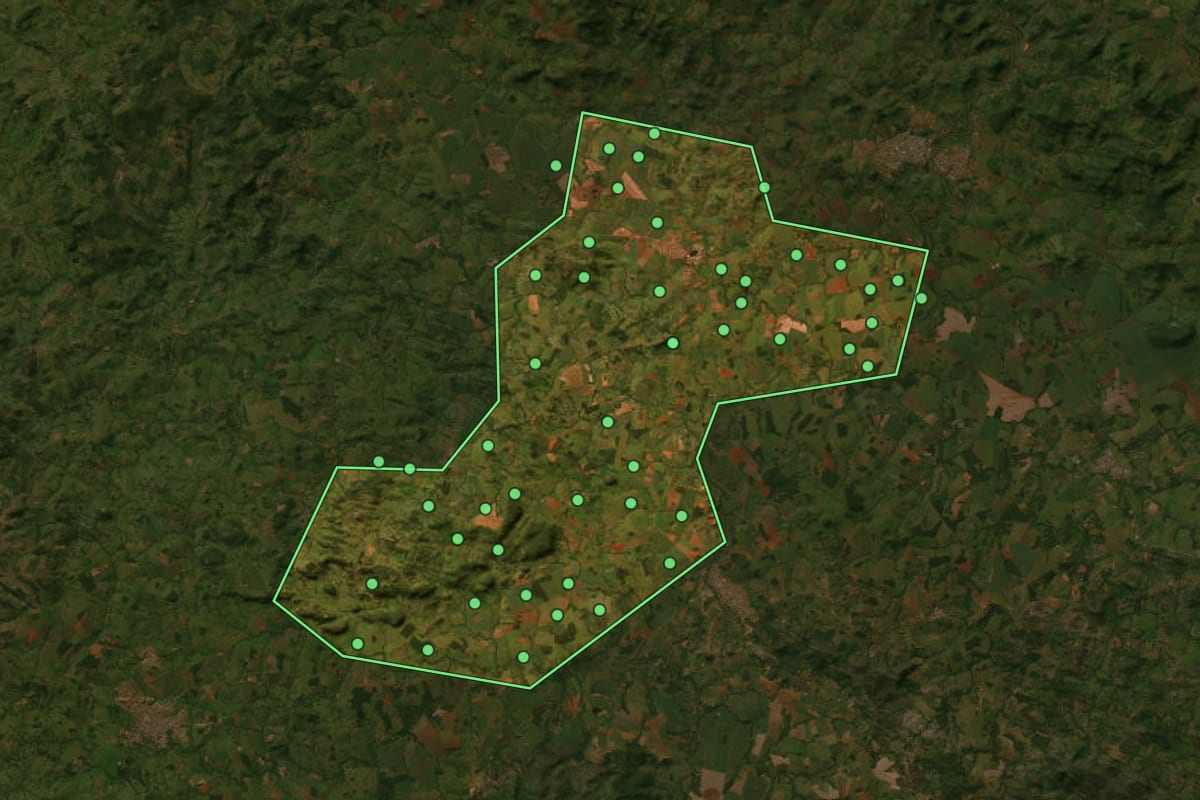 Imagem de satélite de Carmo do Rio Verde (GO), com o contorno do município e a posição dos imóveis desta página.