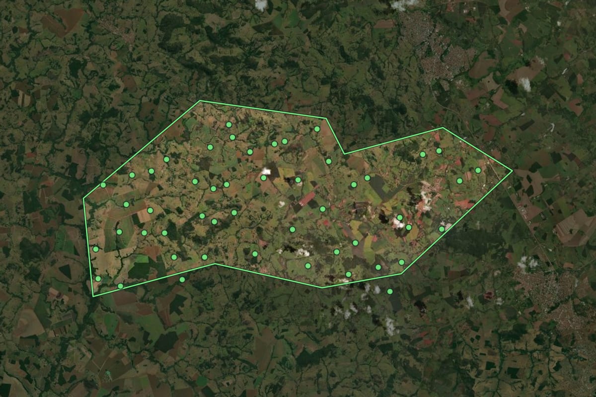 Imagem de satélite de Caturaí (GO), com o contorno do município e a posição dos imóveis desta página.
