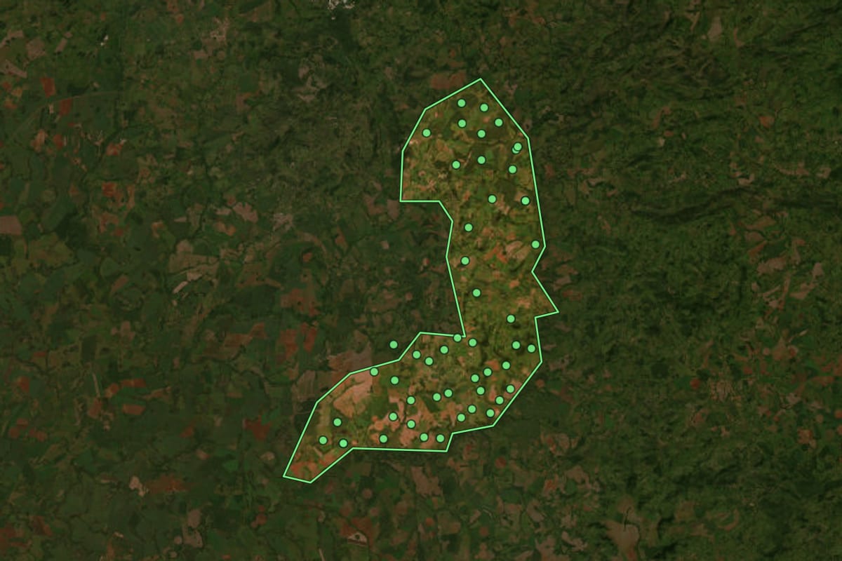 Imagem de satélite de Edealina (GO), com o contorno do município e a posição dos imóveis desta página.