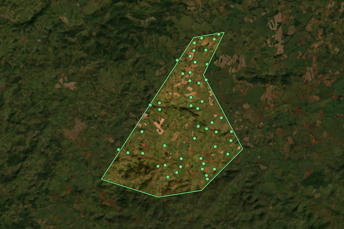 Imagem de satélite de Ipiranga de Goiás (GO), com o contorno do município e a posição dos imóveis desta página.