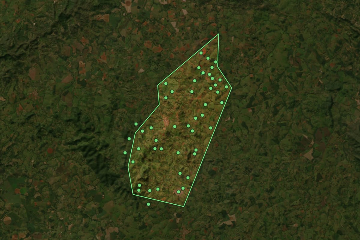 Imagem de satélite de Itaguaru (GO), com o contorno do município e a posição dos imóveis desta página.
