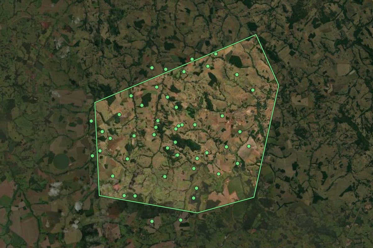 Imagem de satélite de Jesúpolis (GO), com o contorno do município e a posição dos imóveis desta página.