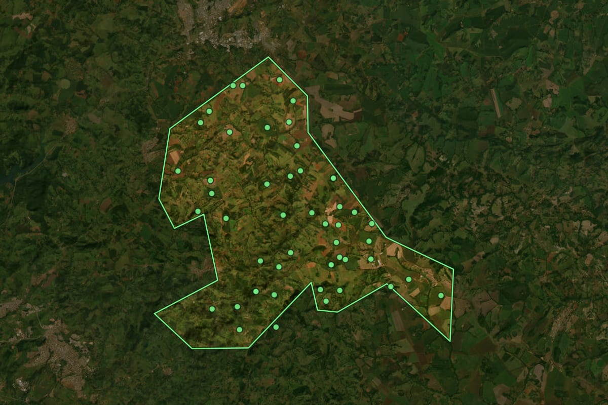 Imagem de satélite de Leopoldo de Bulhões (GO), com o contorno do município e a posição dos imóveis desta página.